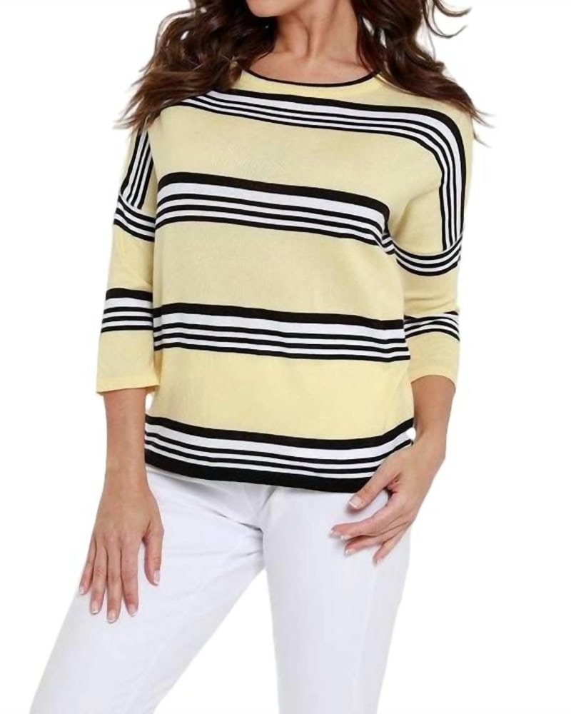 Front of a model wearing a size XL Striped 3/4 Sleeve Top in Yellow in Yellow by ANGEL. | dia_product_style_image_id:327056